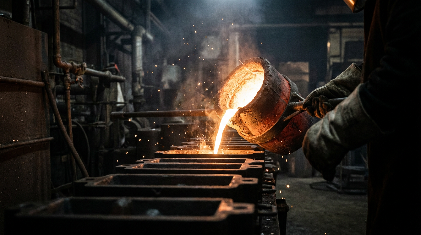 Flüssiges Gold wird aus einem Tiegel in Barrenformen gegossen