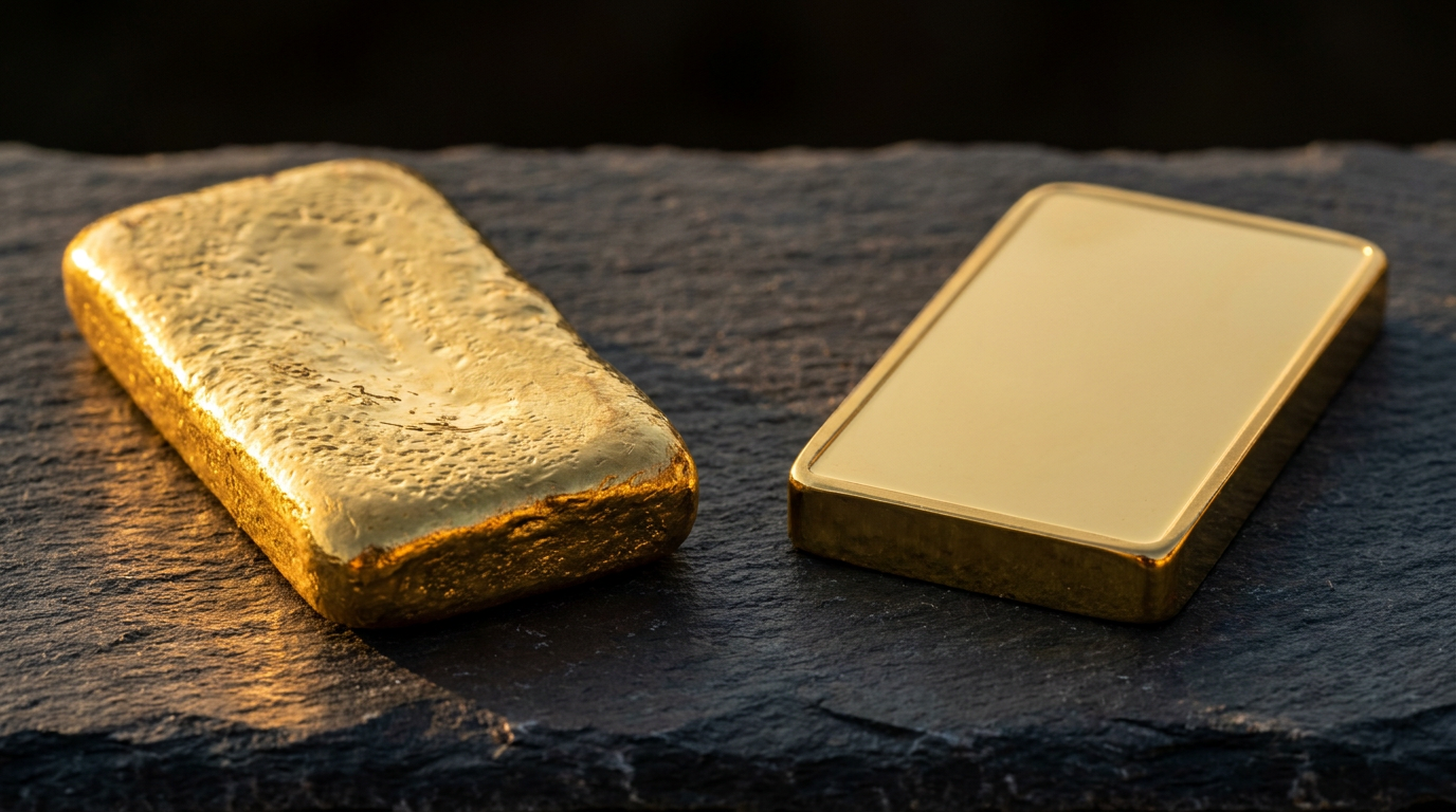 Vergleich der Oberflächen eines gegossenen und eines geprägten Goldbarrens auf dunklem Schiefer