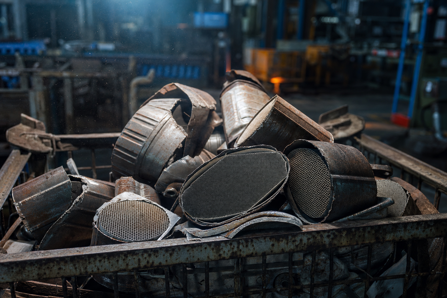Ausgebaute Abgaskatalysatoren und zerschnittene Keramikträger in einer Metallkiste in einer Recyclinganlage