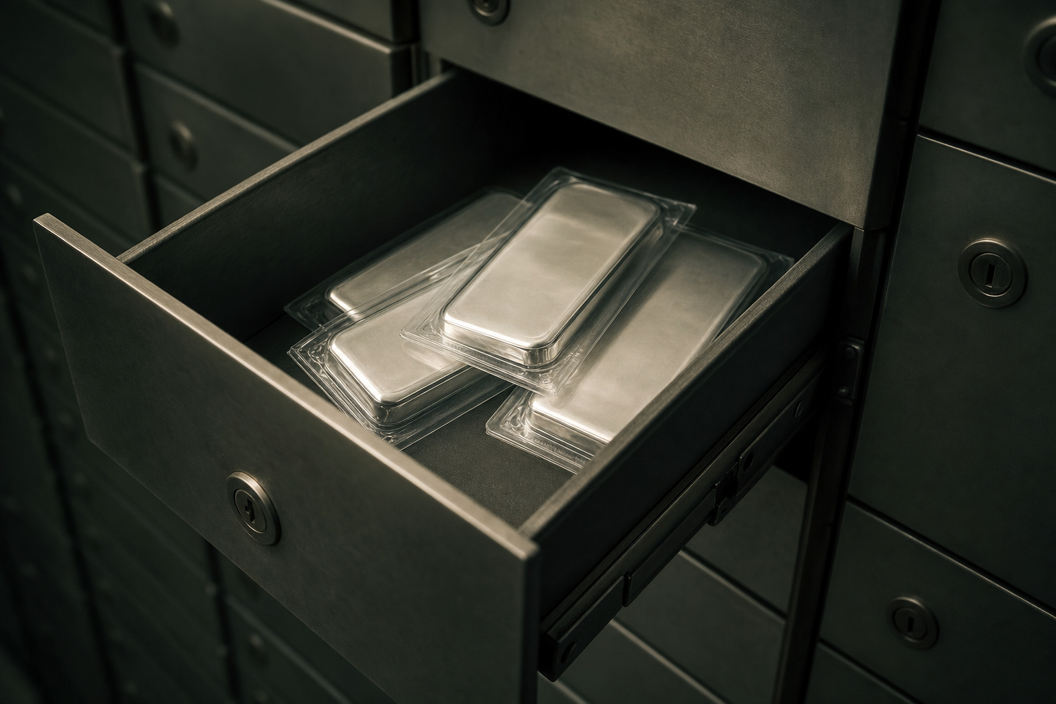 Eingeschweißte Unzenbarren aus weißem Edelmetall in einer geöffneten Tresorschublade