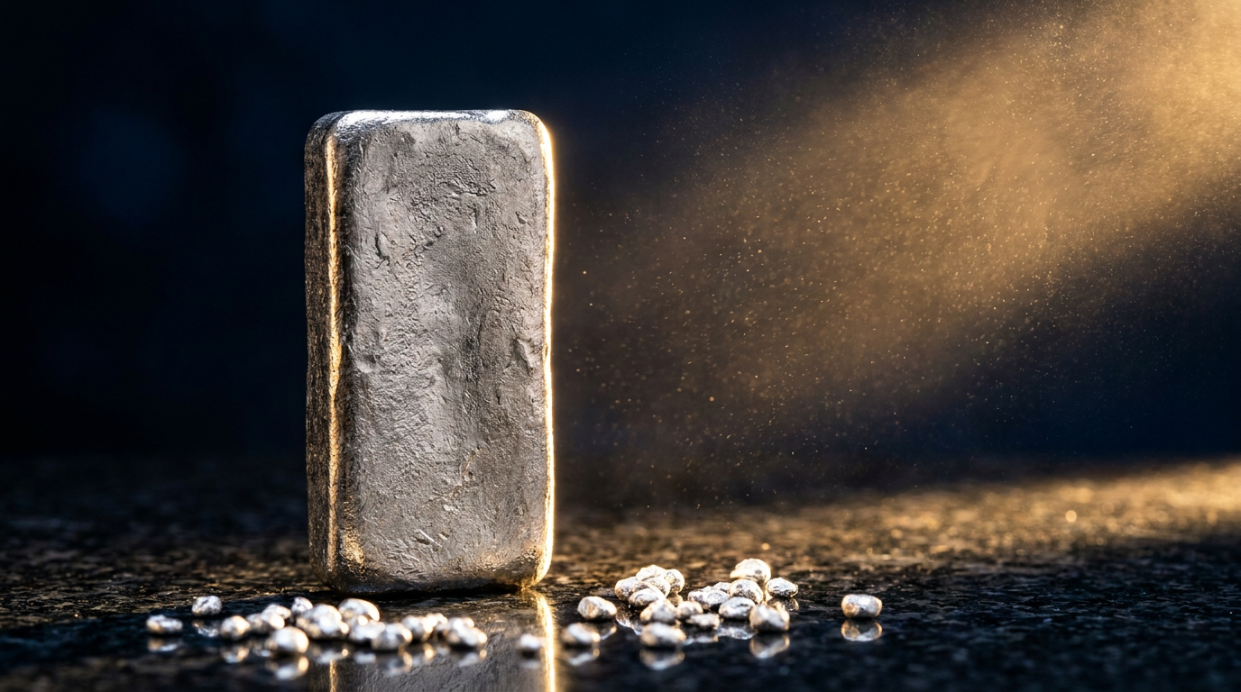Aufrecht stehender Palladiumbarren mit Metallgranulat im Gegenlicht auf dunklem Stein