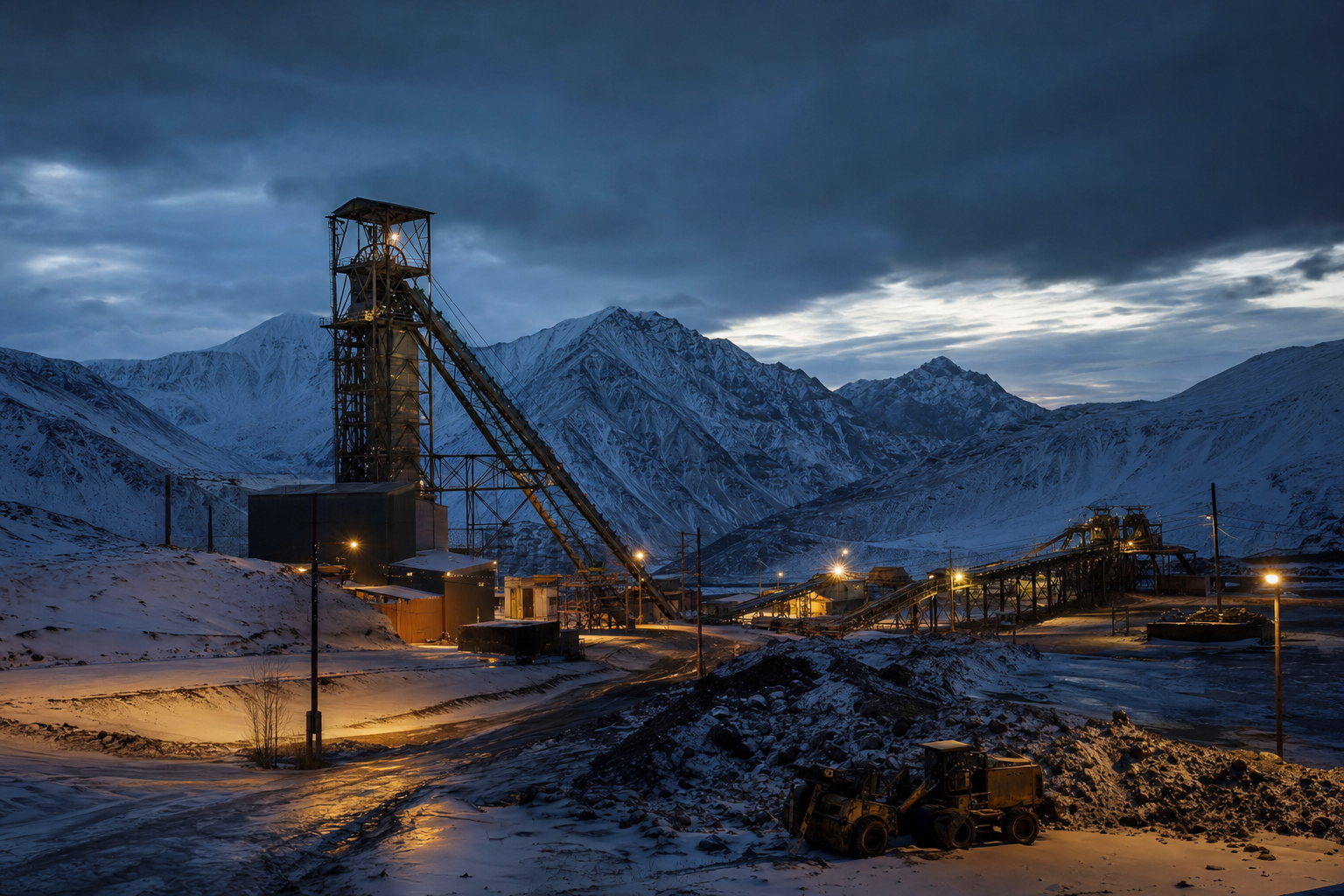 Bergbaubetrieb mit Förderturm in verschneiter Berglandschaft im Dämmerlicht
