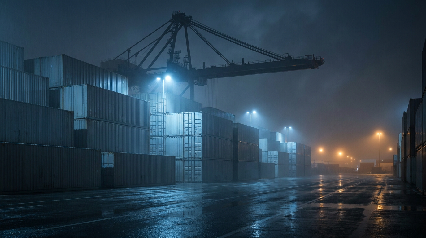 Containerterminal bei Nacht mit Portalkran und nassem Asphalt im Flutlicht