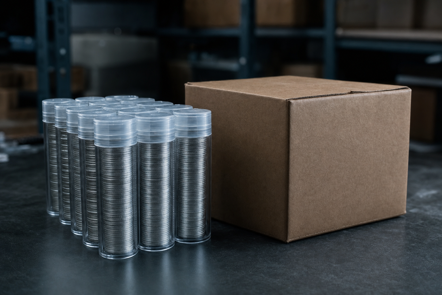 Münztuben mit Silberunzen neben einem neutralen Versandkarton