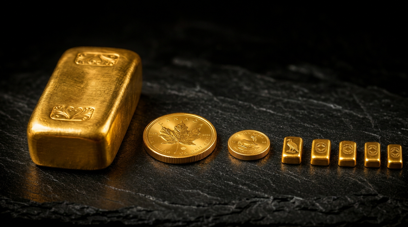 Goldbarren und geprägte Goldmünzen unterschiedlicher Größe nebeneinander auf dunklem Untergrund