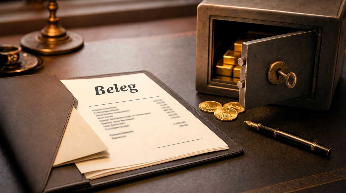 Dokumentenmappe mit einem Beleg, Füllfederhalter und kleine Stahlkassette mit geprägten Goldmünzen auf einem Schreibtisch