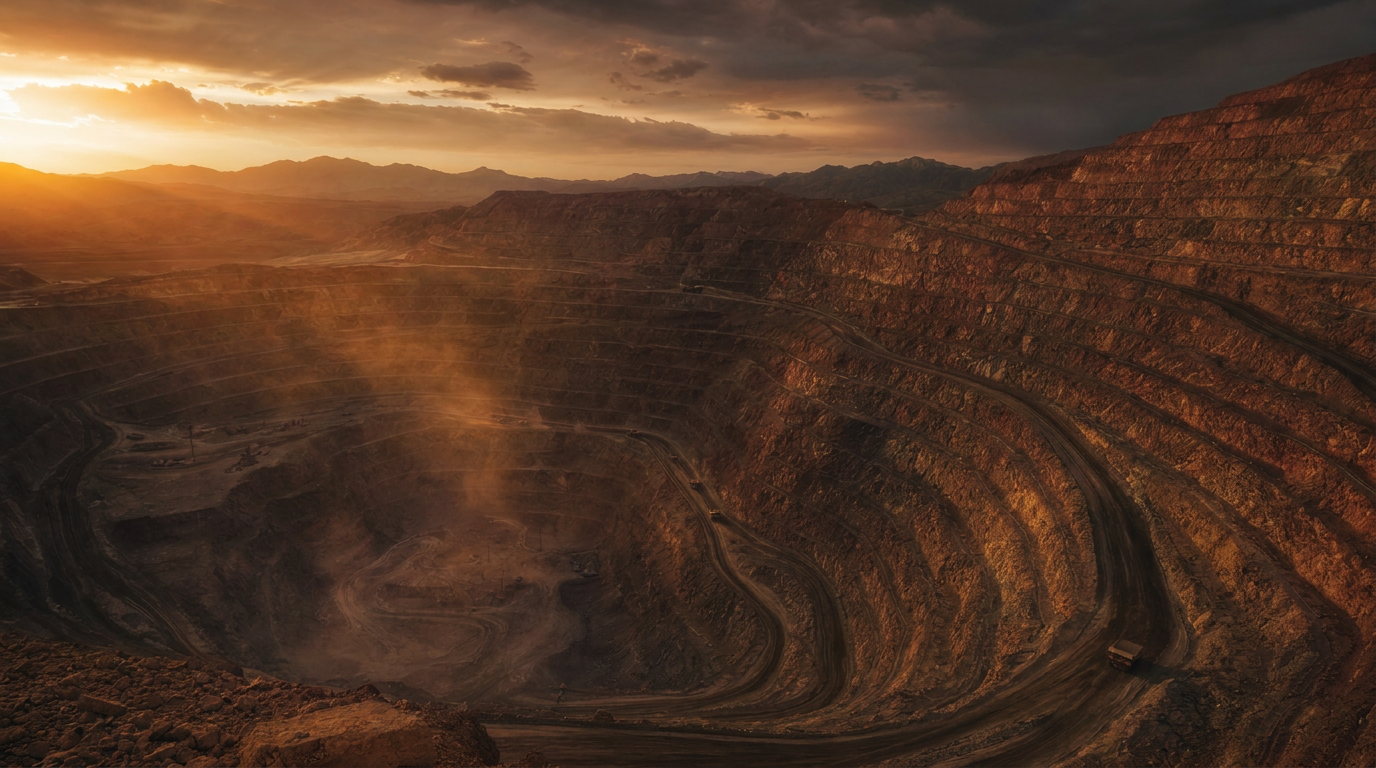 Großer Kupfertagebau in der Abenddämmerung mit terrassierten Abbausohlen