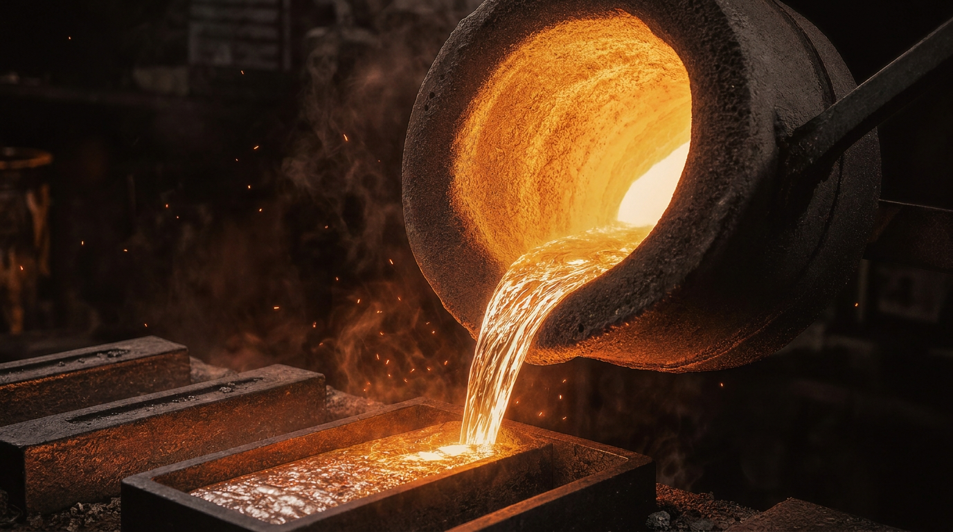 Flüssiges Silber wird in einer Raffinerie in Barrenformen gegossen