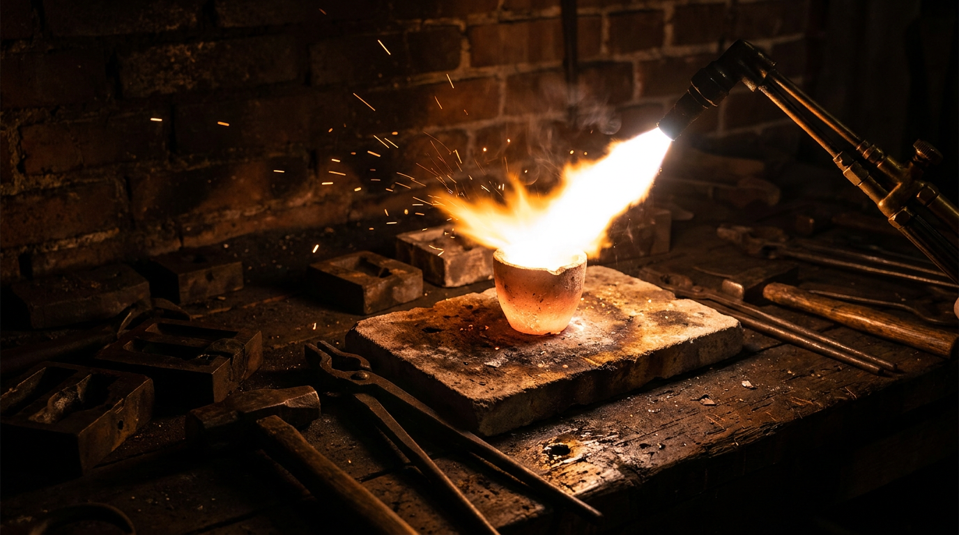 Historische Werkstattszene mit glühendem Tiegel und Knallgasflamme beim Schmelzen von Platin
