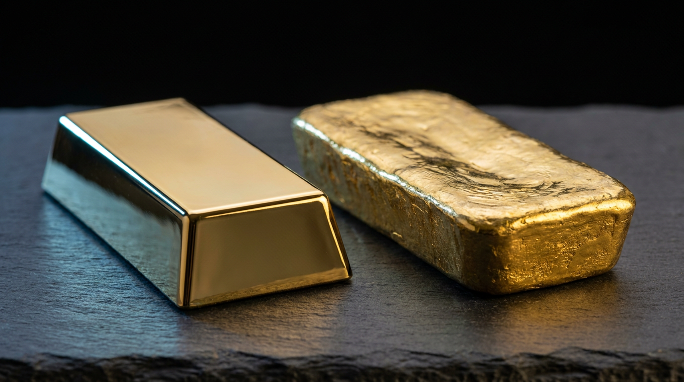 Makroaufnahme eines glatten Prägebarrens neben einem unregelmäßig gegossenen Goldbarren auf dunklem Schiefer