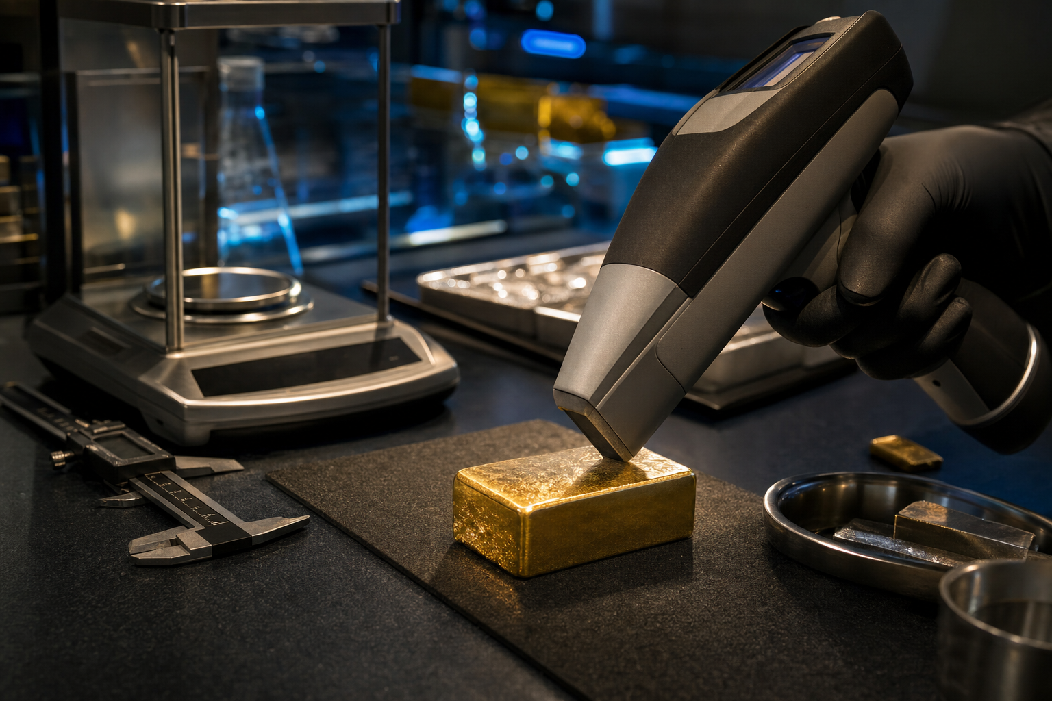 Prüfgerät und Feinwaage bei der Echtheitsprüfung eines Goldbarrens im Labor