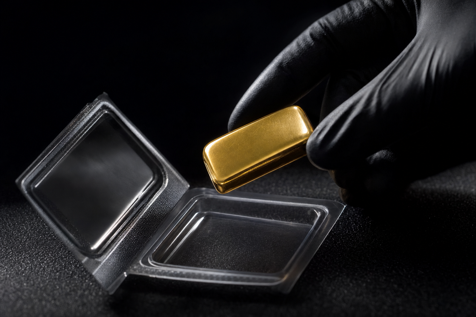 Blanker Goldbarren neben einer geöffneten Blisterverpackung auf dunklem Tisch