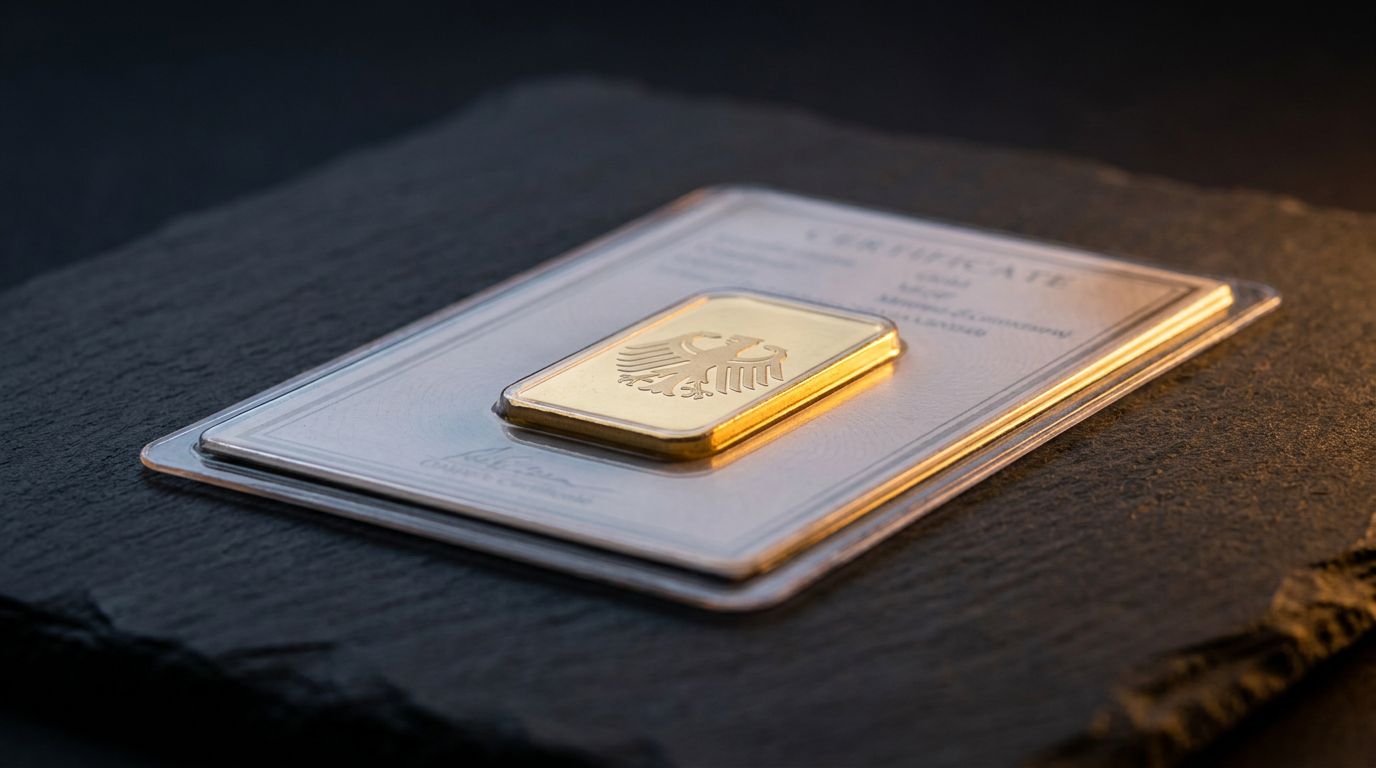 Geprägter Goldbarren in einer versiegelten Blisterkarte auf dunklem Untergrund