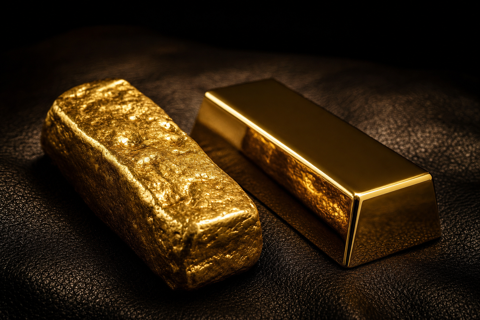 Gegossener Goldbarren mit rauer Oberfläche neben einem glatten geprägten Goldbarren