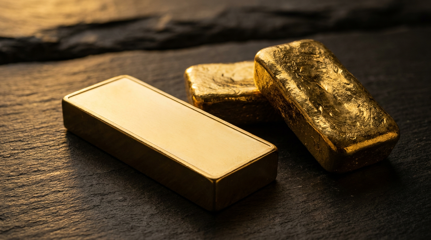 Drei 100-Gramm-Goldbarren in gegossener und geprägter Ausführung auf dunklem Schiefer