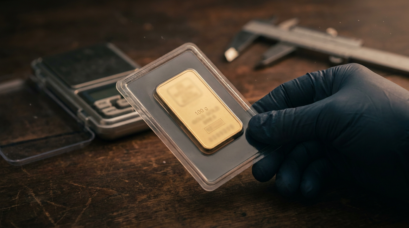 Geprägter 100-Gramm-Goldbarren in versiegelter Blisterkarte neben einer Feinwaage und einem Messschieber