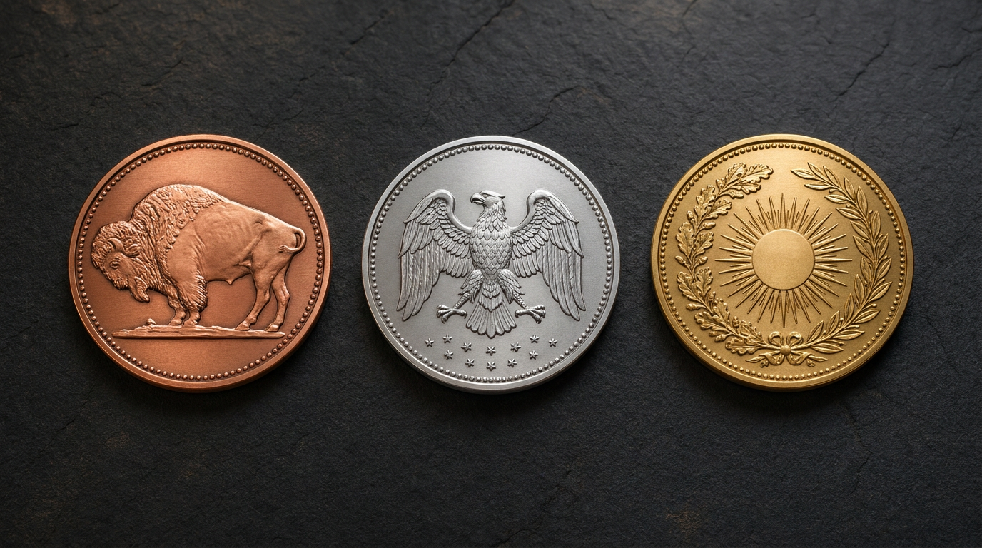 Drei gleich große geprägte Rondelle aus Kupfer, Silber und Gold nebeneinander auf dunklem Schiefer