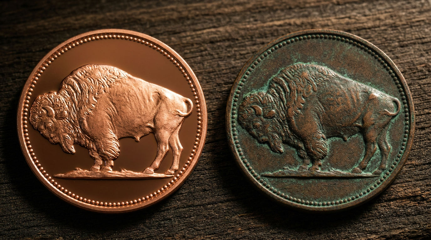 Zwei Kupfermünzen mit gleichem Bison-Relief: Links frisch glänzend, rechts mit dunkler natürlicher Patina