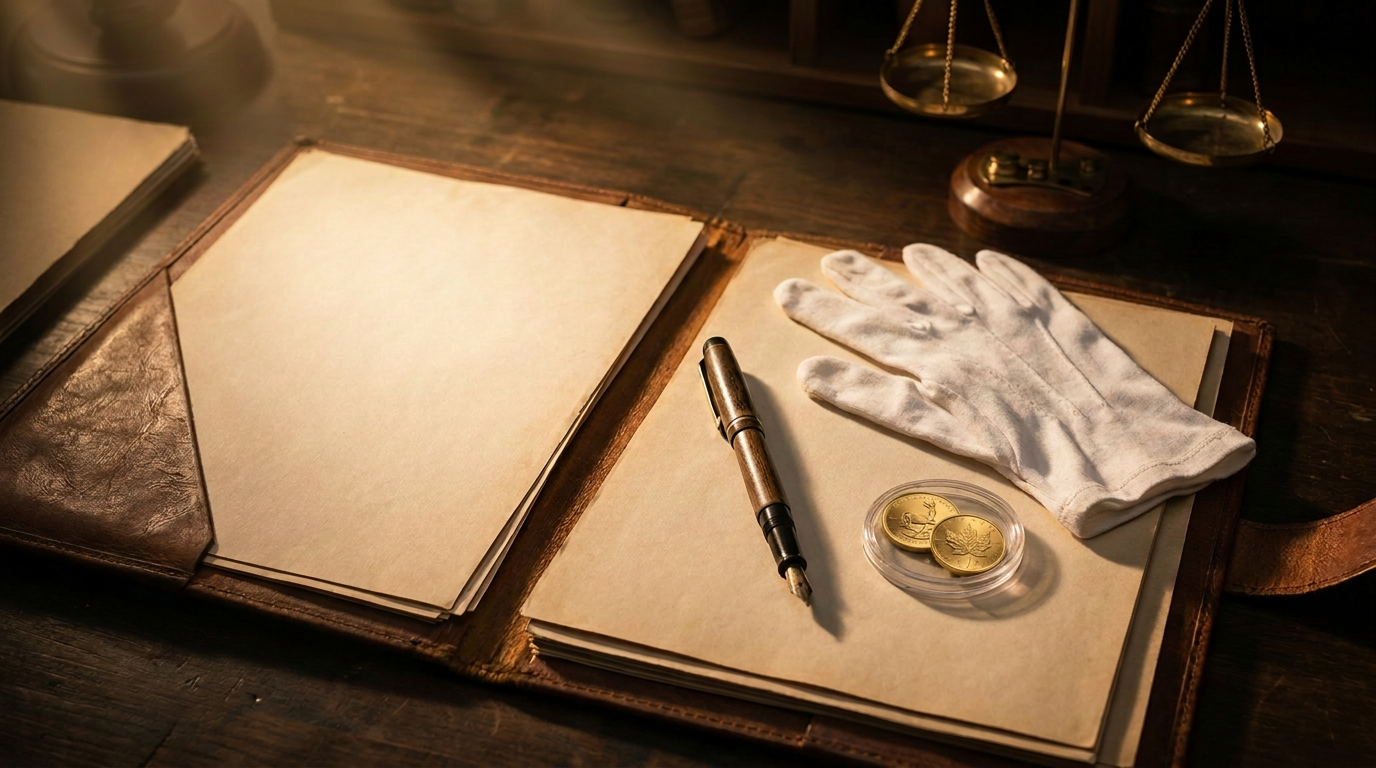 Schreibtisch mit Formularmappe, Füller und geprägten Goldmünzen als Symbol für die Vermögensauskunft
