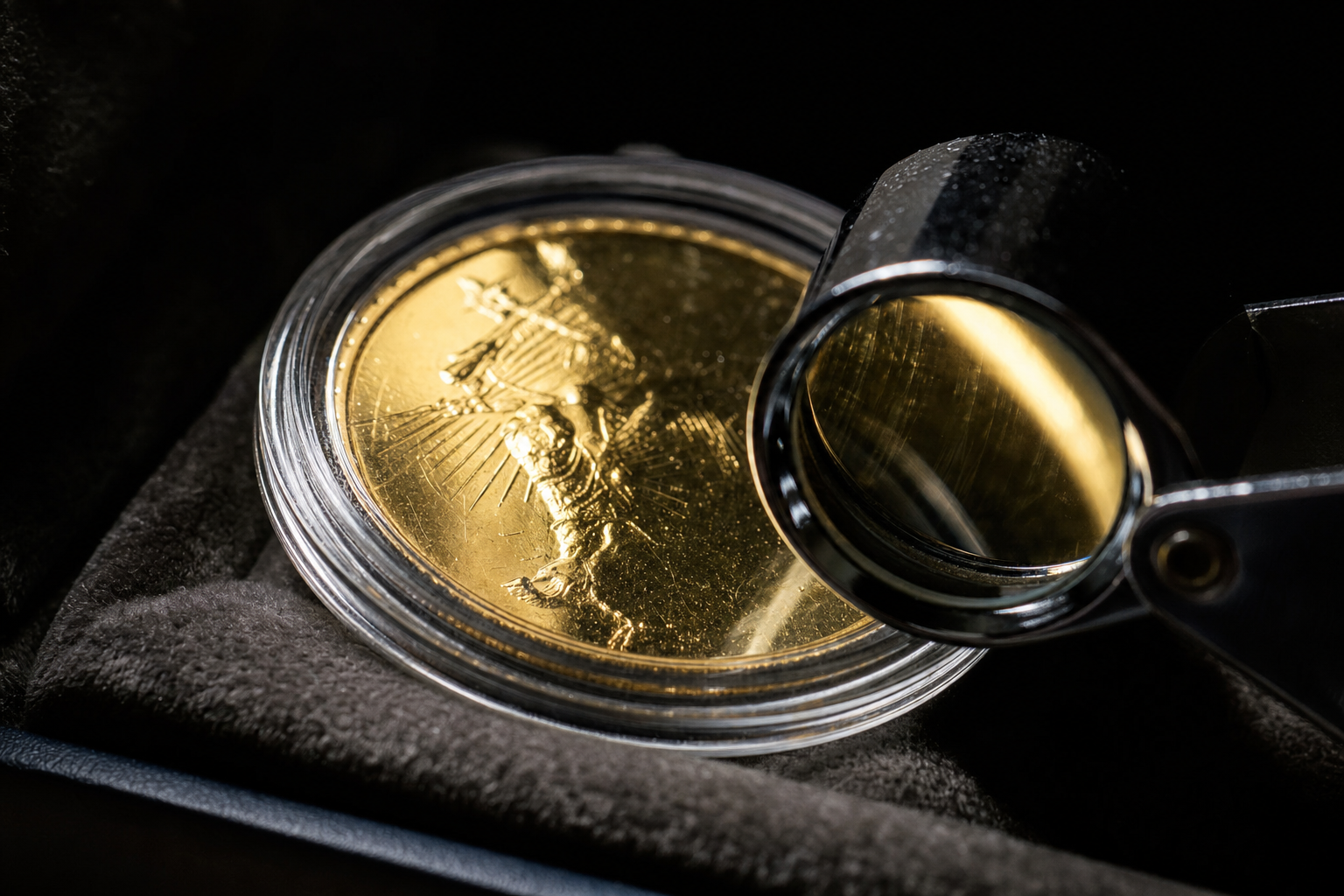 Goldmünze in einer Schutzkapsel neben einer Lupe auf dunklem Samt