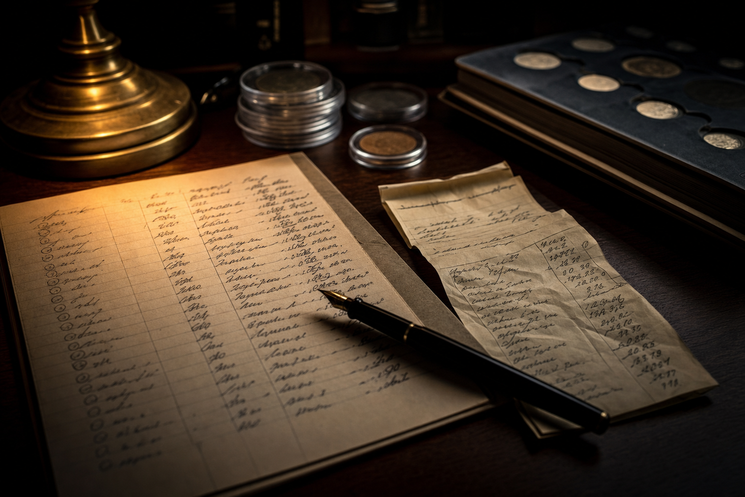 Handschriftliche Bestandsliste, alter Kaufbeleg und Münzkapseln auf einem Schreibtisch