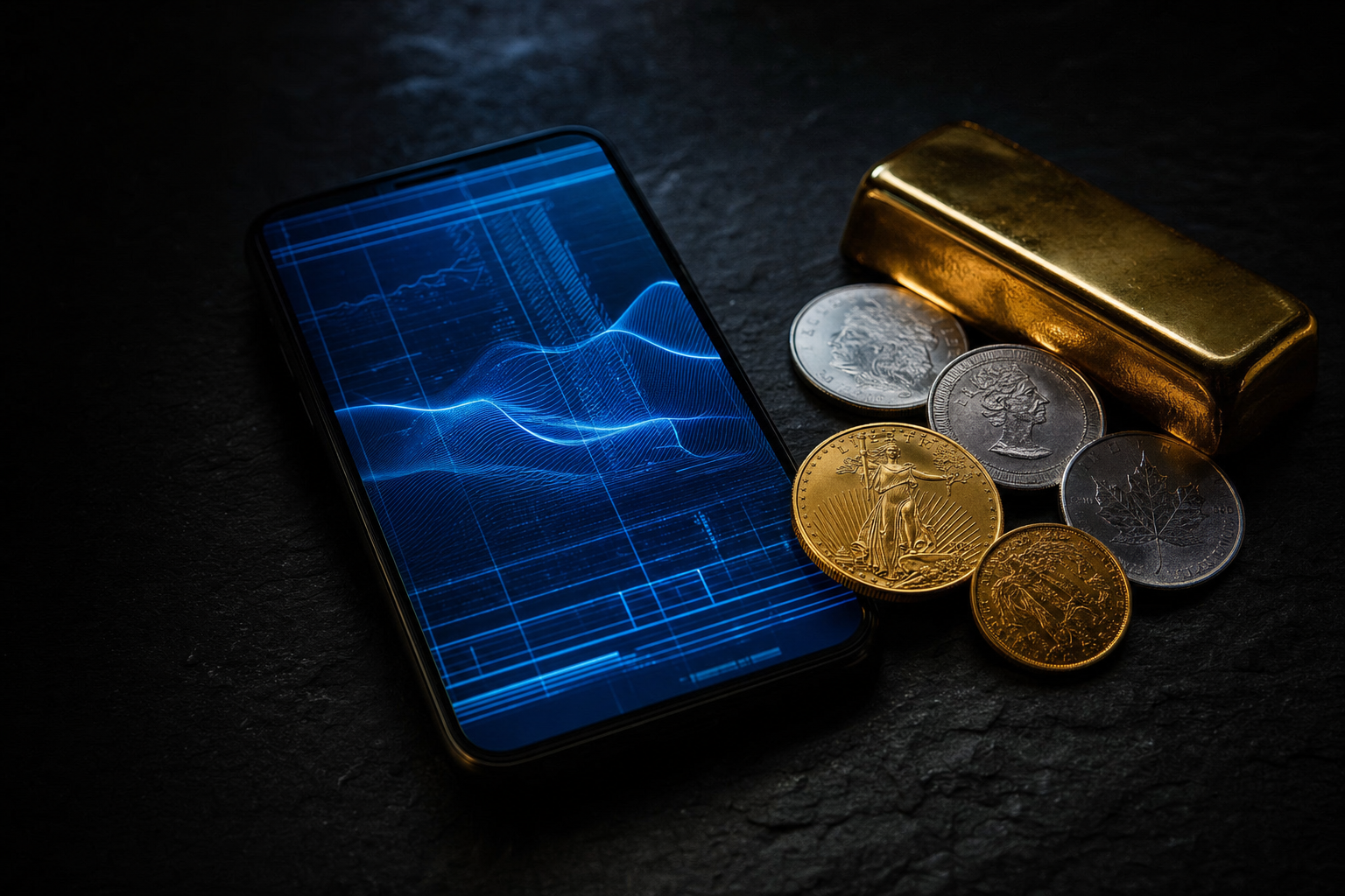 Kaltes blaues Licht eines digitalen Zahlungsinterfaces neben physischen Gold- und Silberstücken auf dunkler Schieferplatte