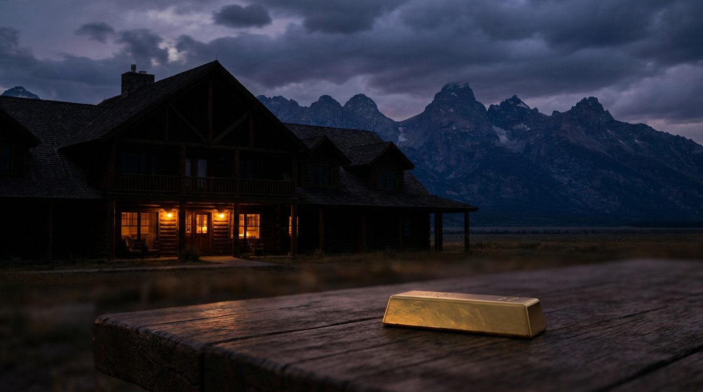 Bergkulisse in der Dämmerung mit einem Goldbarren im Vordergrund als Symbolbild für das Notenbanken-Symposium in Jackson Hole