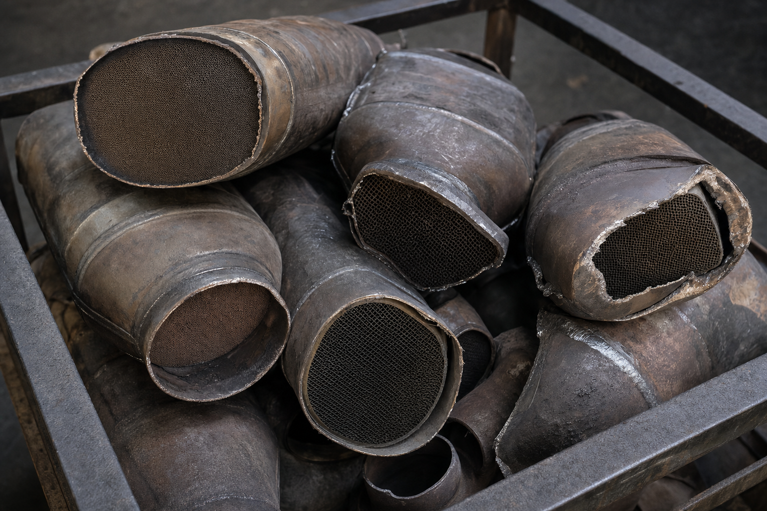 Aufgeschnittene Altkatalysatoren in einer Recyclingkiste, das keramische Trägermaterial enthält Platin, Palladium und Rhodium