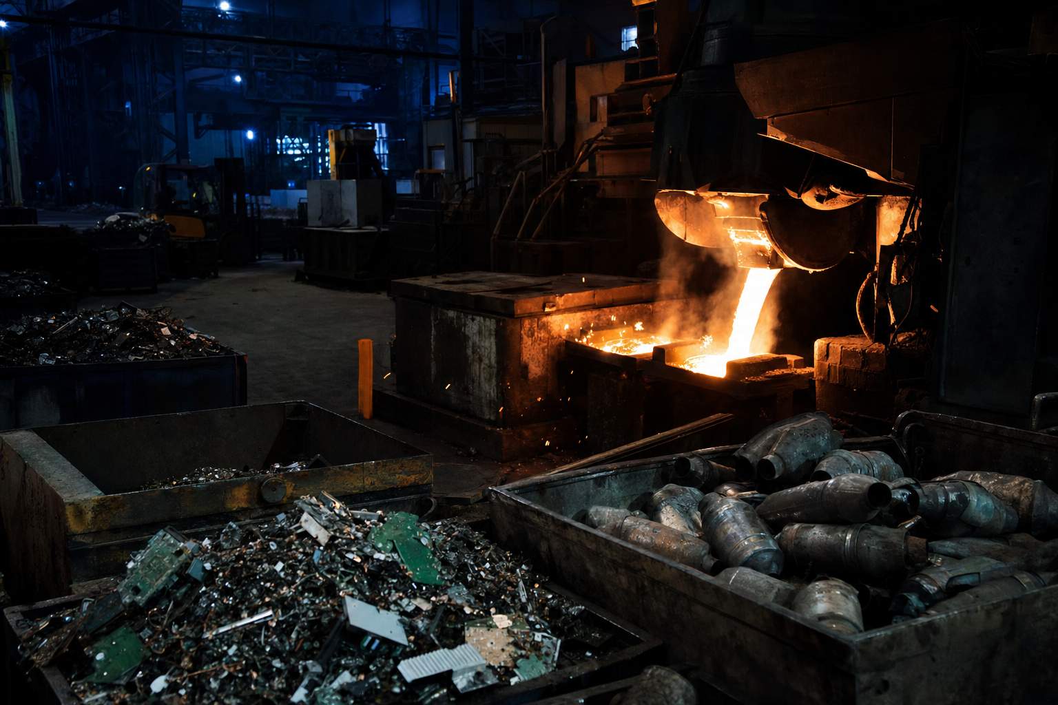 Blick in eine Edelmetallraffinerie mit glühender Metallschmelze und Behältern voller Elektronikschrott