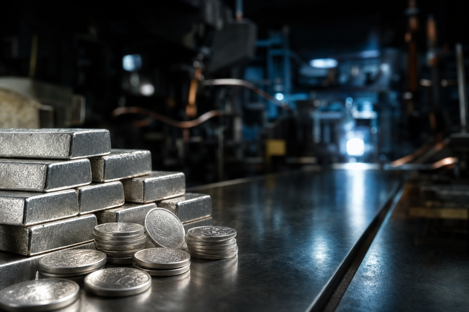 Silberbarren und Silbermünzen vor unscharfem Industriehintergrund mit kaltem blauem Licht