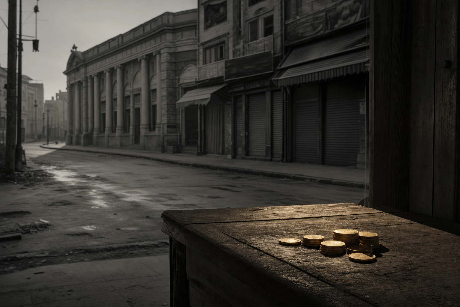 Leere Straße mit geschlossenen Geschäften in den 1930er Jahren, im Vordergrund ein kleiner Stapel Goldmünzen