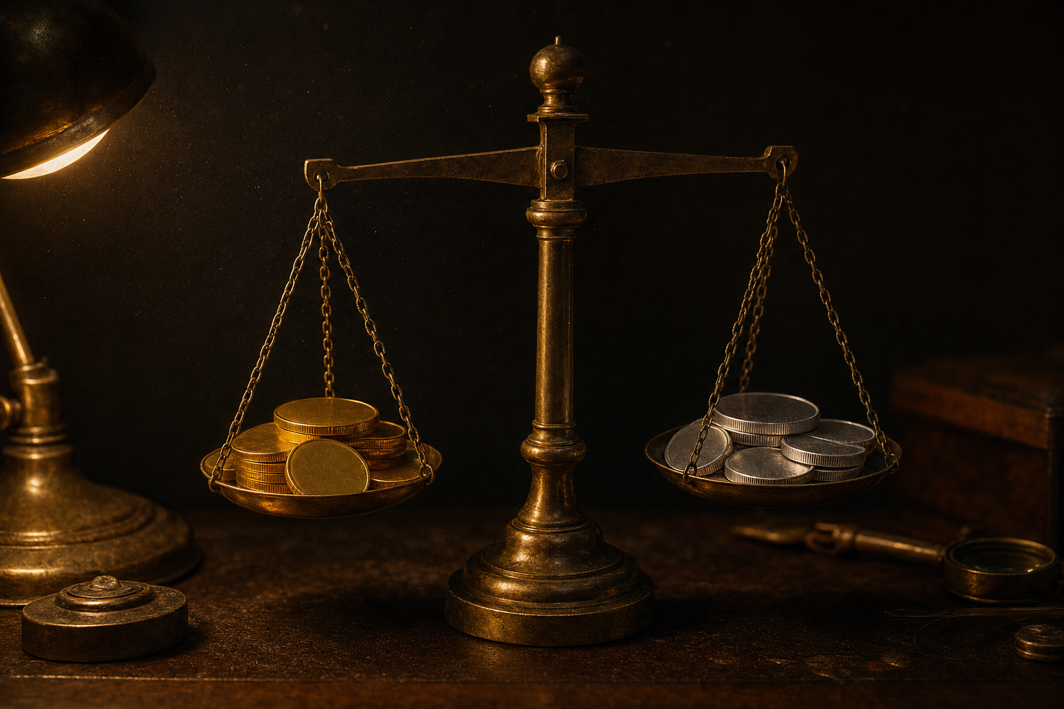 Balkenwaage mit Gold- und Silbermünzen als Symbol für die hälftige Aufteilung von Sachwerten