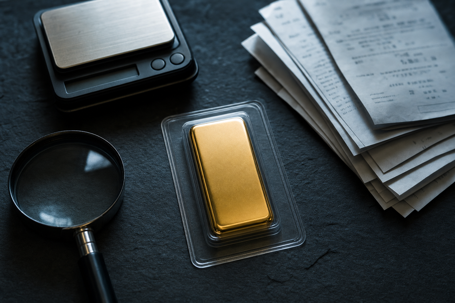 Goldbarren mit Lupe, Feinwaage und Belegen als Symbol für Dokumentation und Nachweisführung