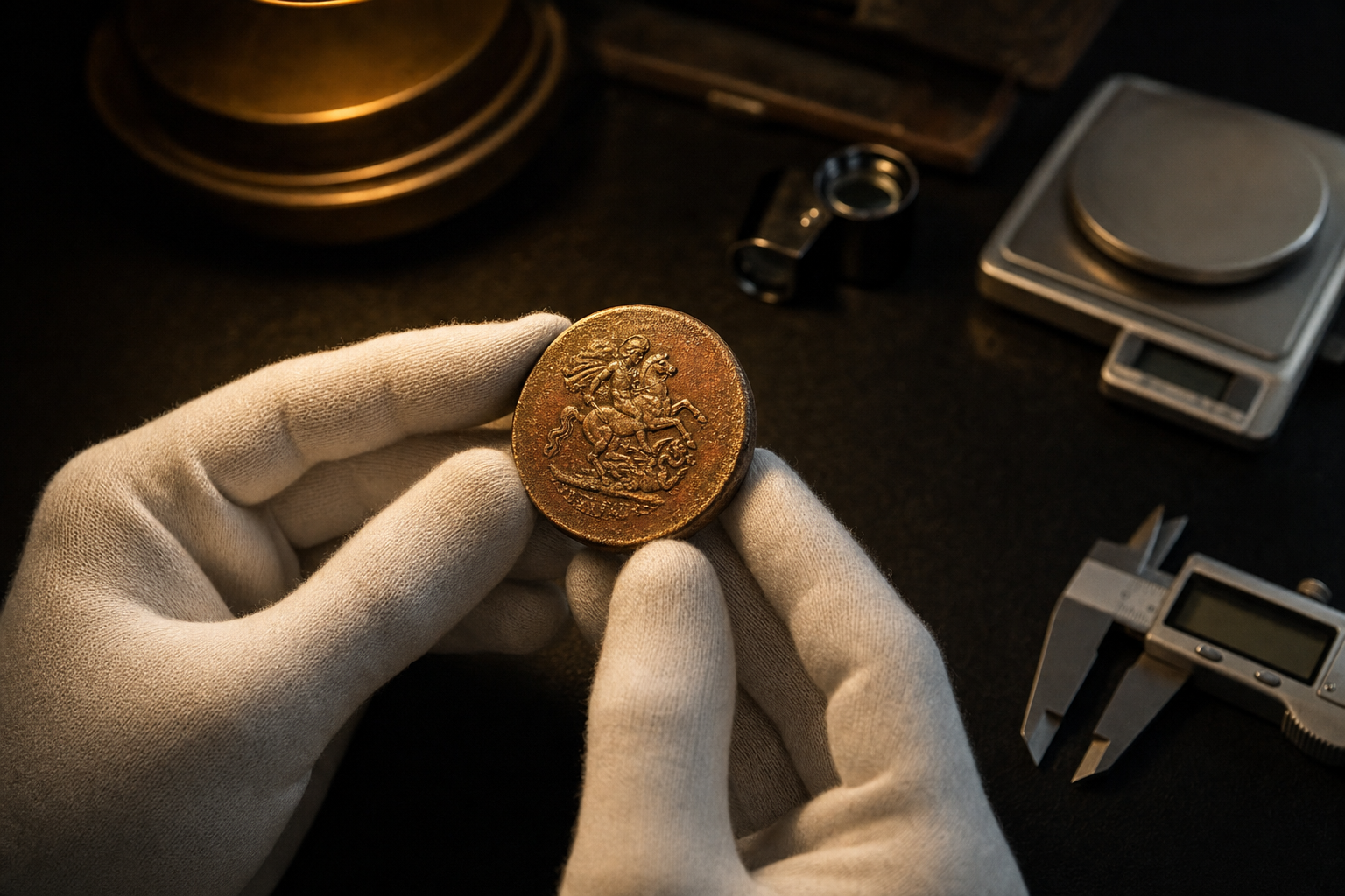Behandschuhte Hände prüfen eine historische Goldmünze mit Lupe, Feinwaage und Messschieber