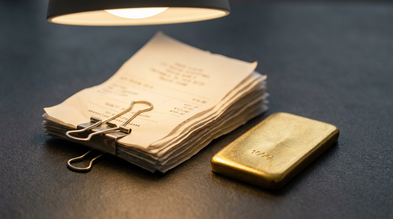 Stapel von Kaufbelegen neben einem 100-Gramm-Goldbarren auf dunklem Untergrund