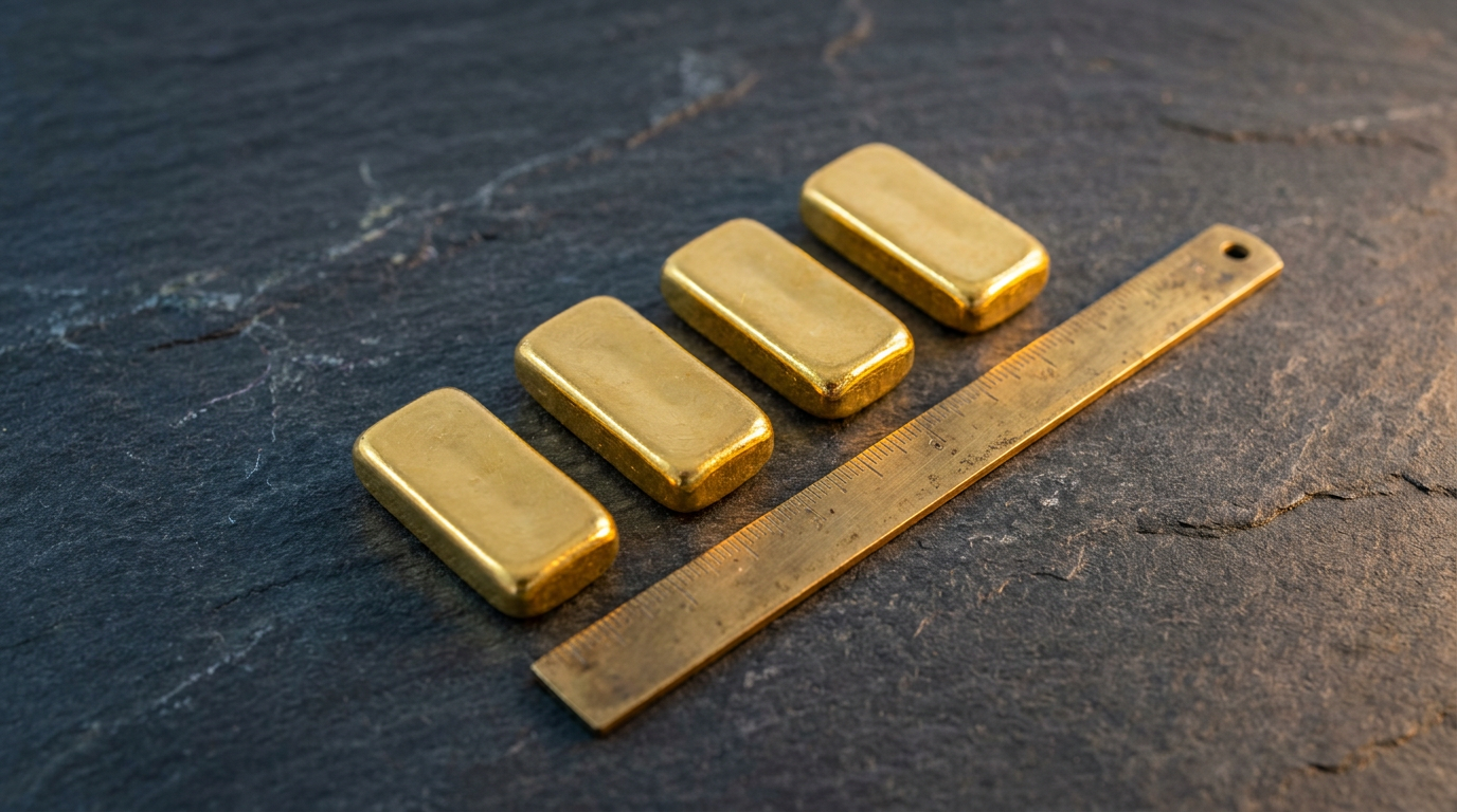 Vier gleichartige Goldbarren in einer Reihe auf dunkler Schieferplatte neben einem Messlineal