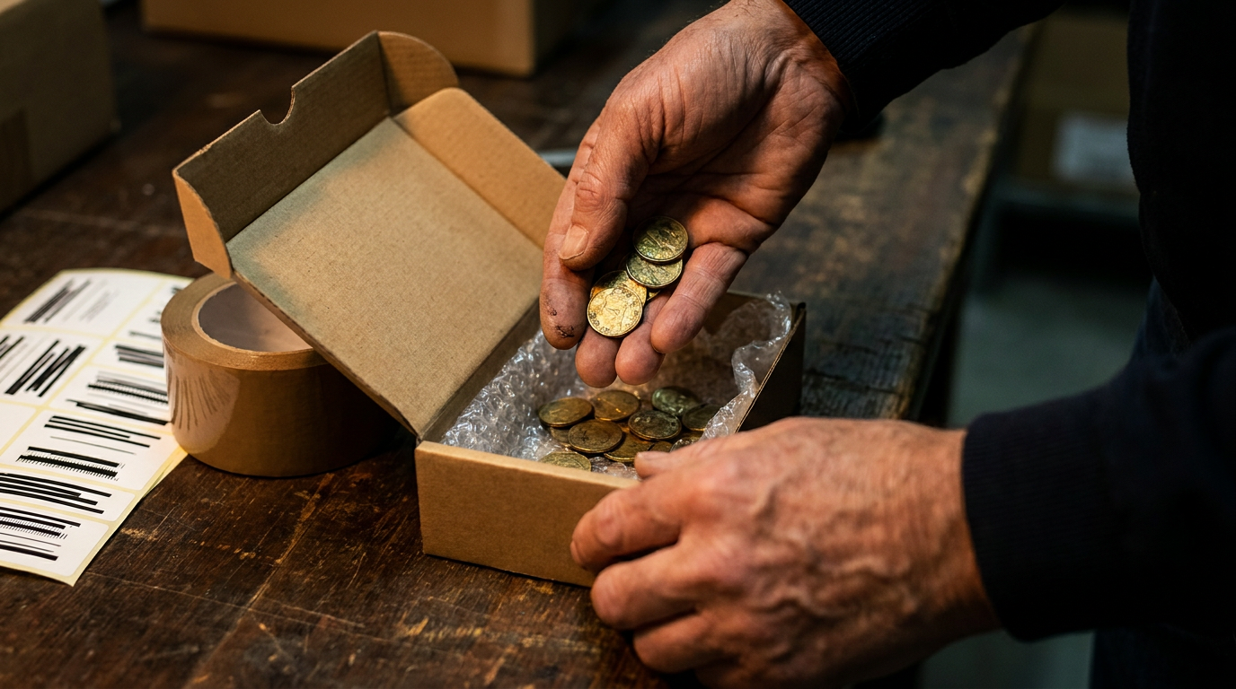 Goldmünzen werden für den versicherten Versand in eine gepolsterte Box verpackt