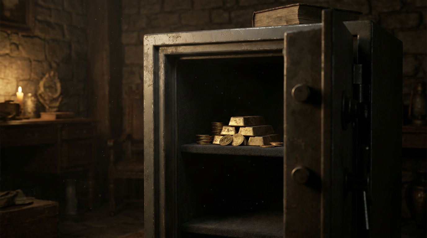 Geöffneter Wertschutzschrank mit Goldbarren und Goldmünzen in dunkler Lichtstimmung