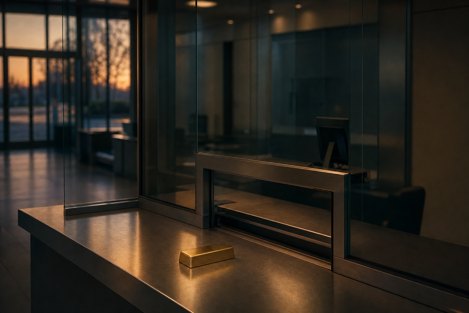 Leerer Bankschalter im Abendlicht mit einem kleinen Goldbarren auf der Theke
