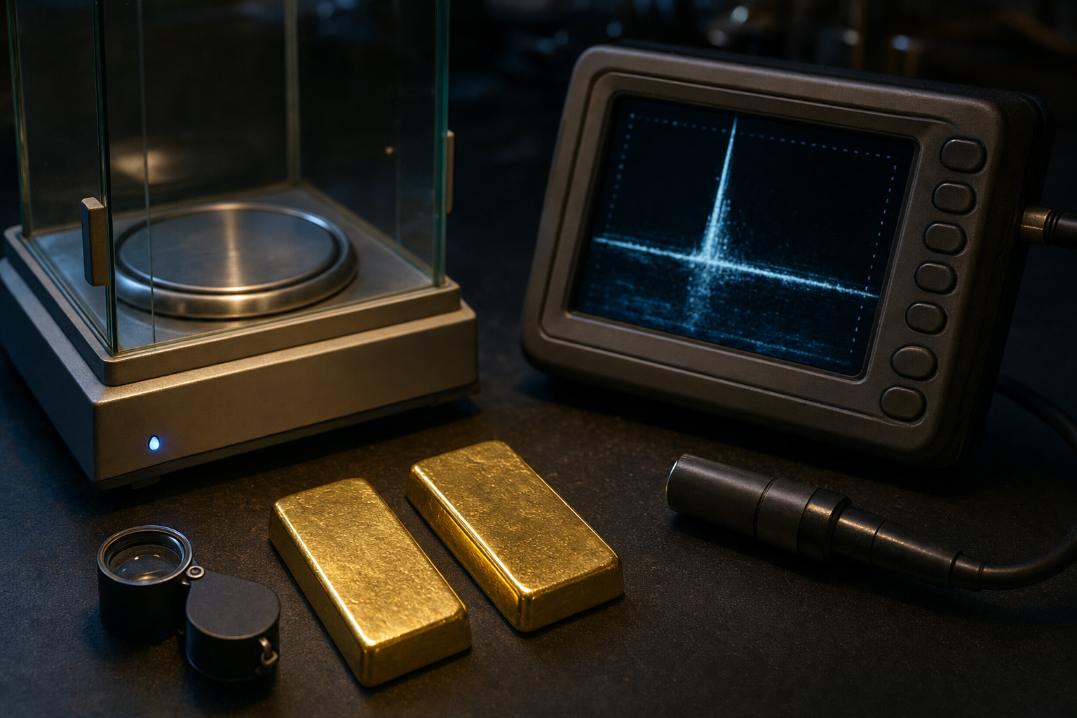 Feinwaage, Prüfgerät und Lupe neben zwei Goldbarren auf einer dunklen Werkbank