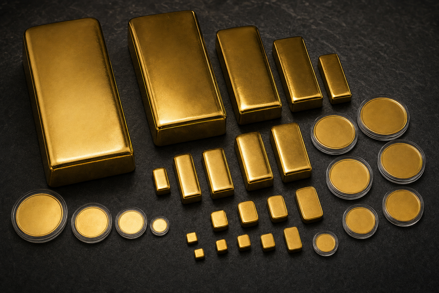 Goldbarren verschiedener Stückelungen und Anlagemünzen in Kapseln auf dunklem Schiefer