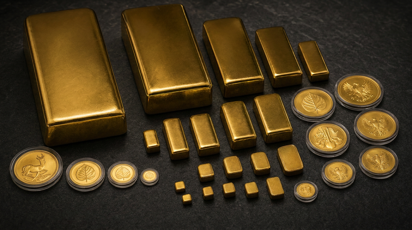 Goldbarren verschiedener Stückelungen und Anlagemünzen mit Reliefprägungen auf dunklem Schiefer
