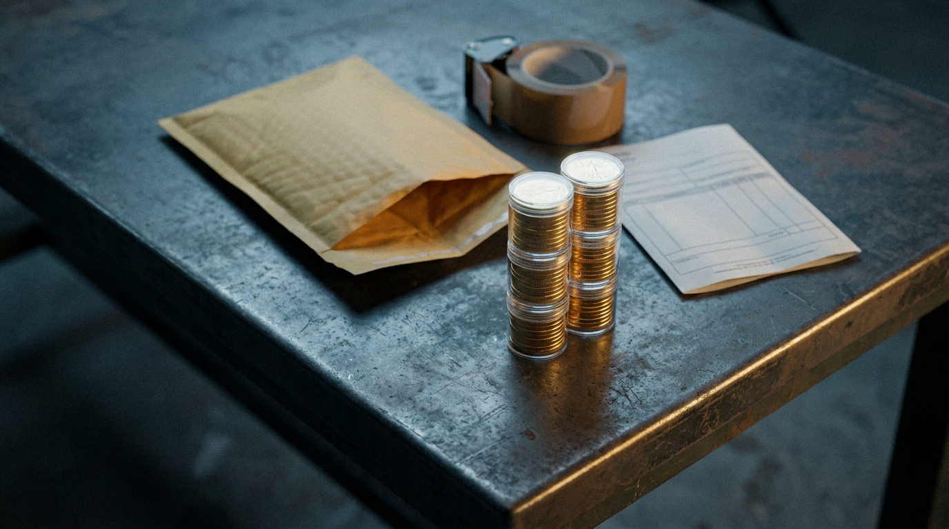 Goldmünzen in Münztuben auf einem dunklen Tisch neben Versandverpackung und Ankaufsformular