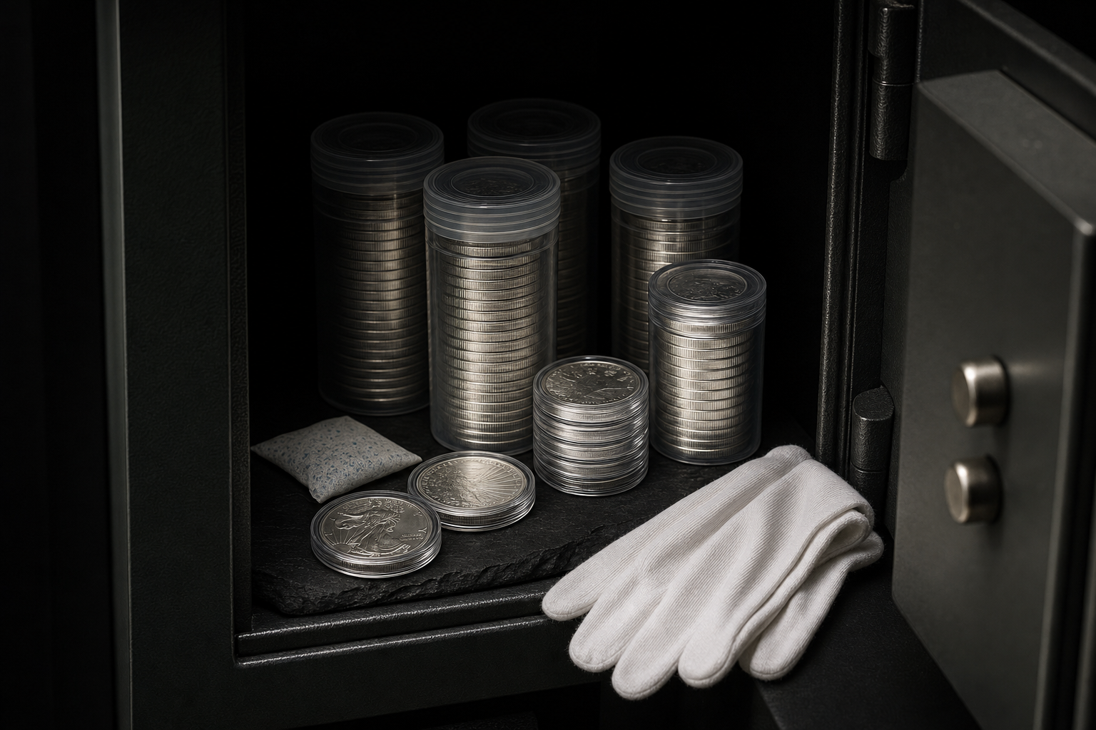Münztubes, Münzkapseln, ein Trockenmittelbeutel und Baumwollhandschuhe in einem geöffneten Tresor