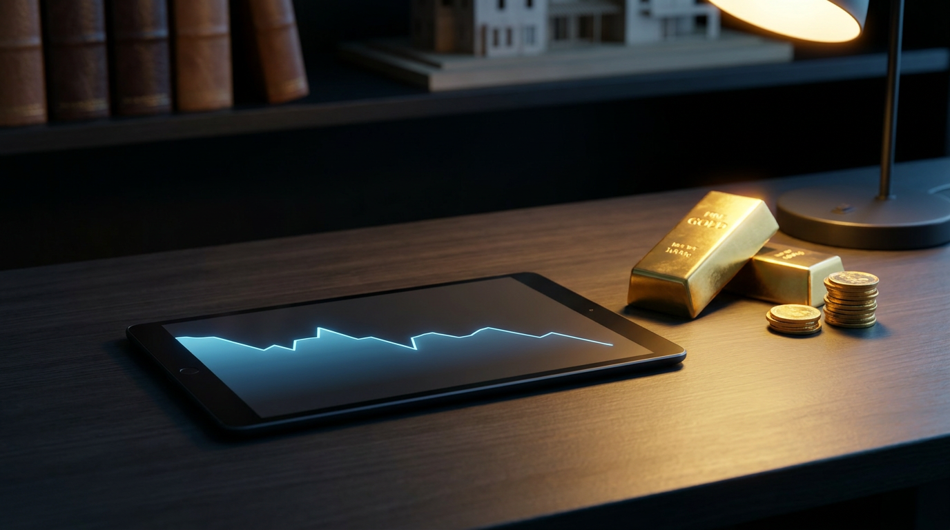 Schreibtisch bei Nacht mit einem Kursverlauf auf einem Tablet neben Goldbarren und Goldmünzen