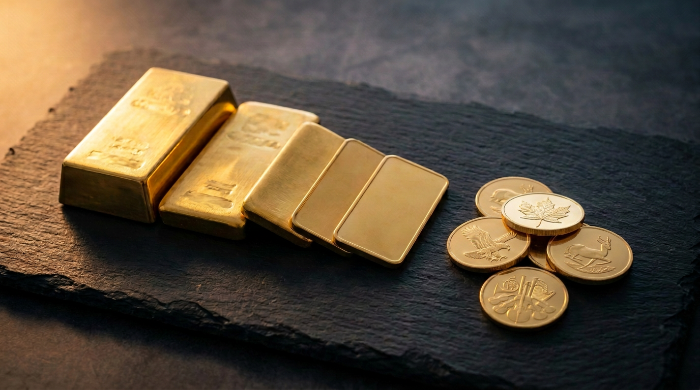 Goldbarren in verschiedenen Gewichtsklassen neben geprägten Anlagemünzen