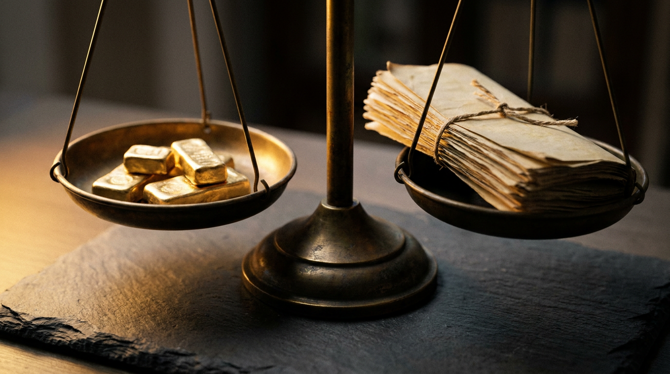 Balkenwaage mit Goldbarren auf der einen und Papierdokumenten auf der anderen Seite