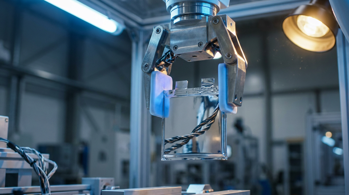 Roboterarm in einer Reinraum-Pilotlinie hält eine flache Batteriezelle mit spiegelnder Oberfläche
