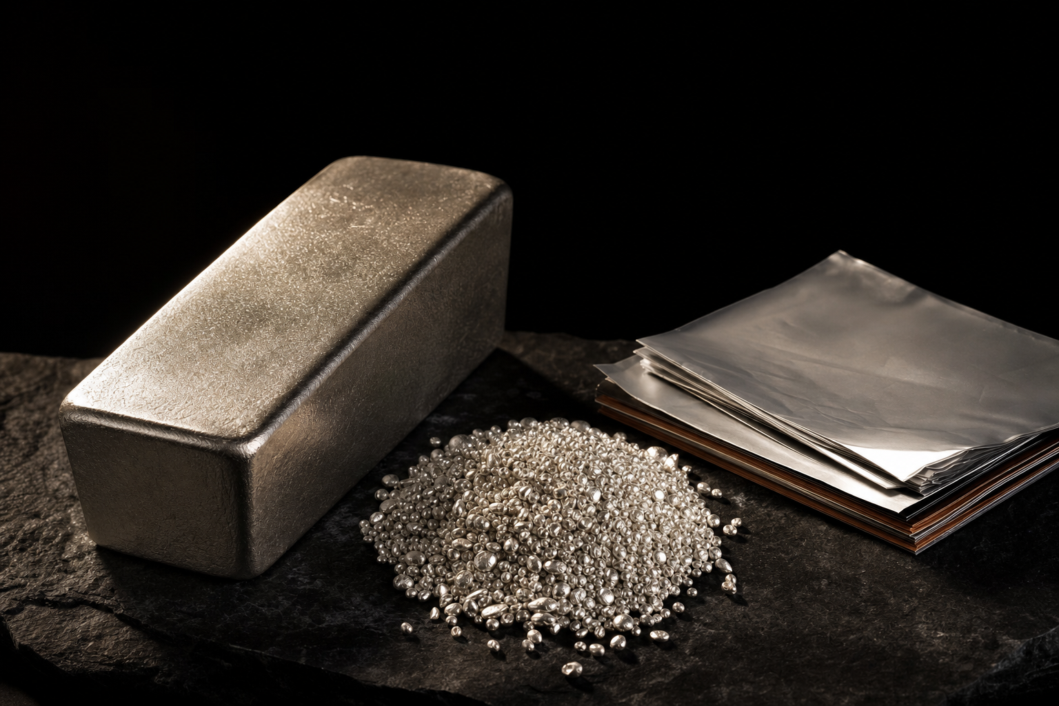 Ein Kilogramm Silber neben Granulat und dünnen Elektrodenfolien auf dunklem Schiefer