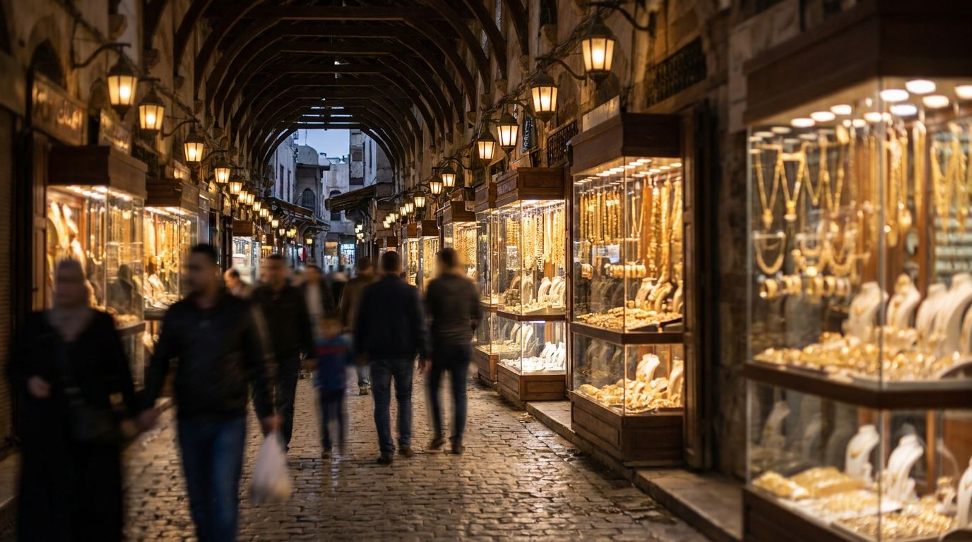 Beleuchtete Schaufenster eines orientalischen Goldmarkts in der Abenddämmerung